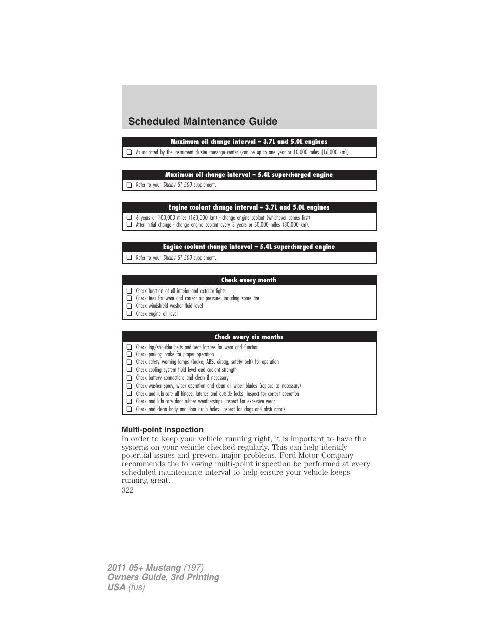 Multi-point inspection, Scheduled maintenance guide | FORD 2011 Mustang v.3 User Manual | Page 322 / 346