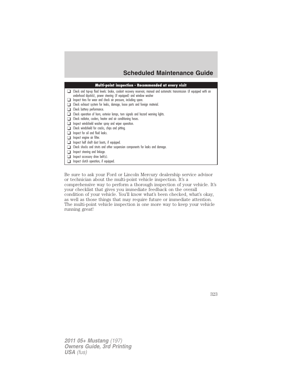 Scheduled maintenance guide | FORD 2011 Mustang v.3 User Manual | Page 323 / 346