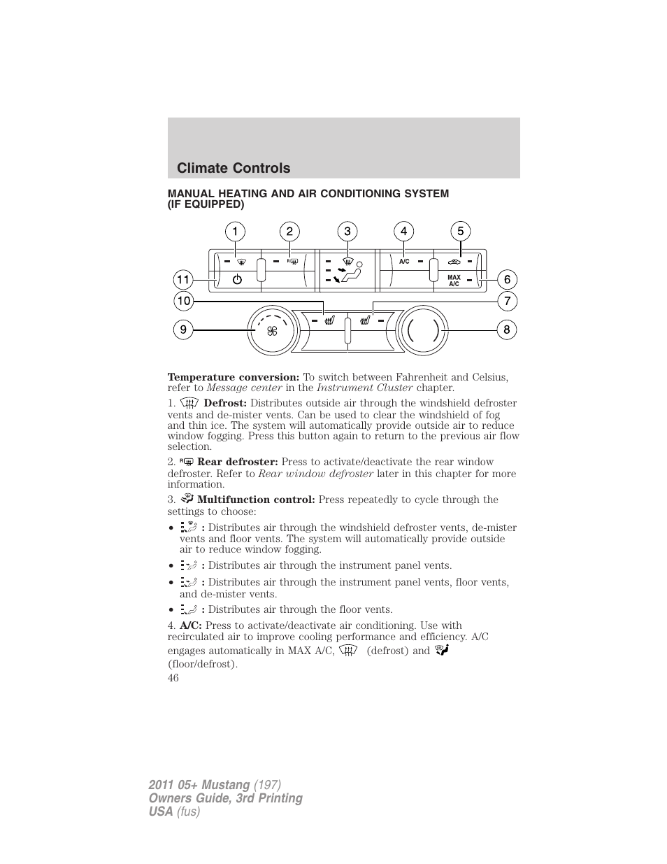 Climate controls, Manual heating and air conditioning | FORD 2011 Mustang v.3 User Manual | Page 46 / 346