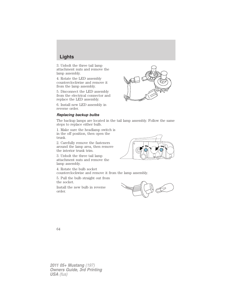 Replacing backup bulbs, Lights | FORD 2011 Mustang v.3 User Manual | Page 64 / 346