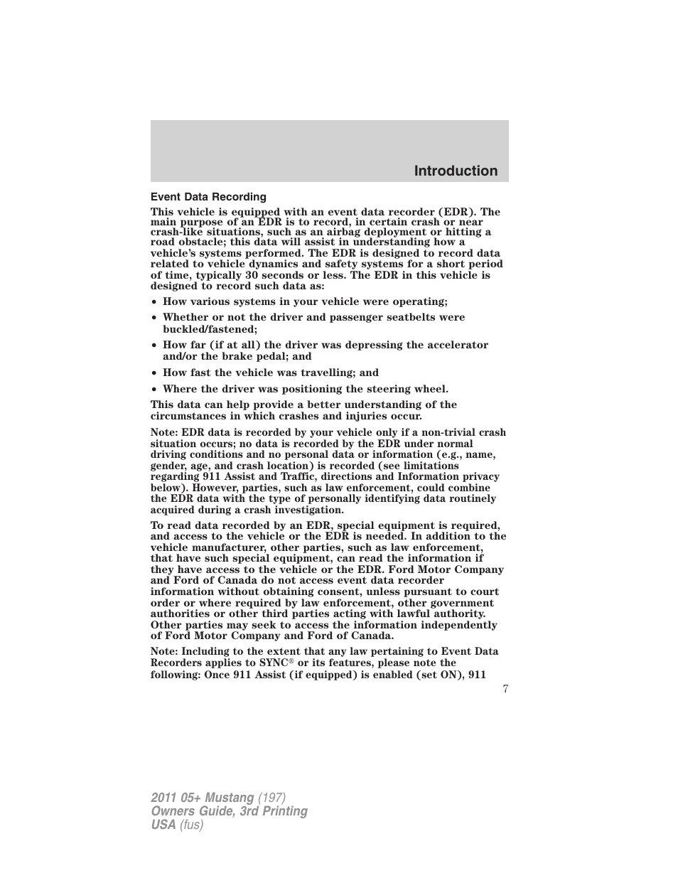 Event data recording, Introduction | FORD 2011 Mustang v.3 User Manual | Page 7 / 346