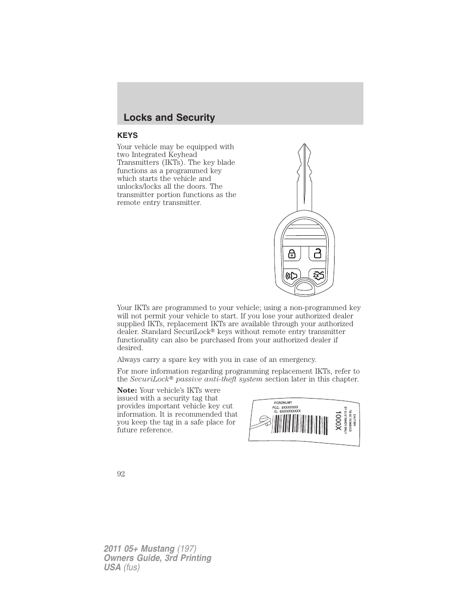 Locks and security, Keys | FORD 2011 Mustang v.3 User Manual | Page 92 / 346