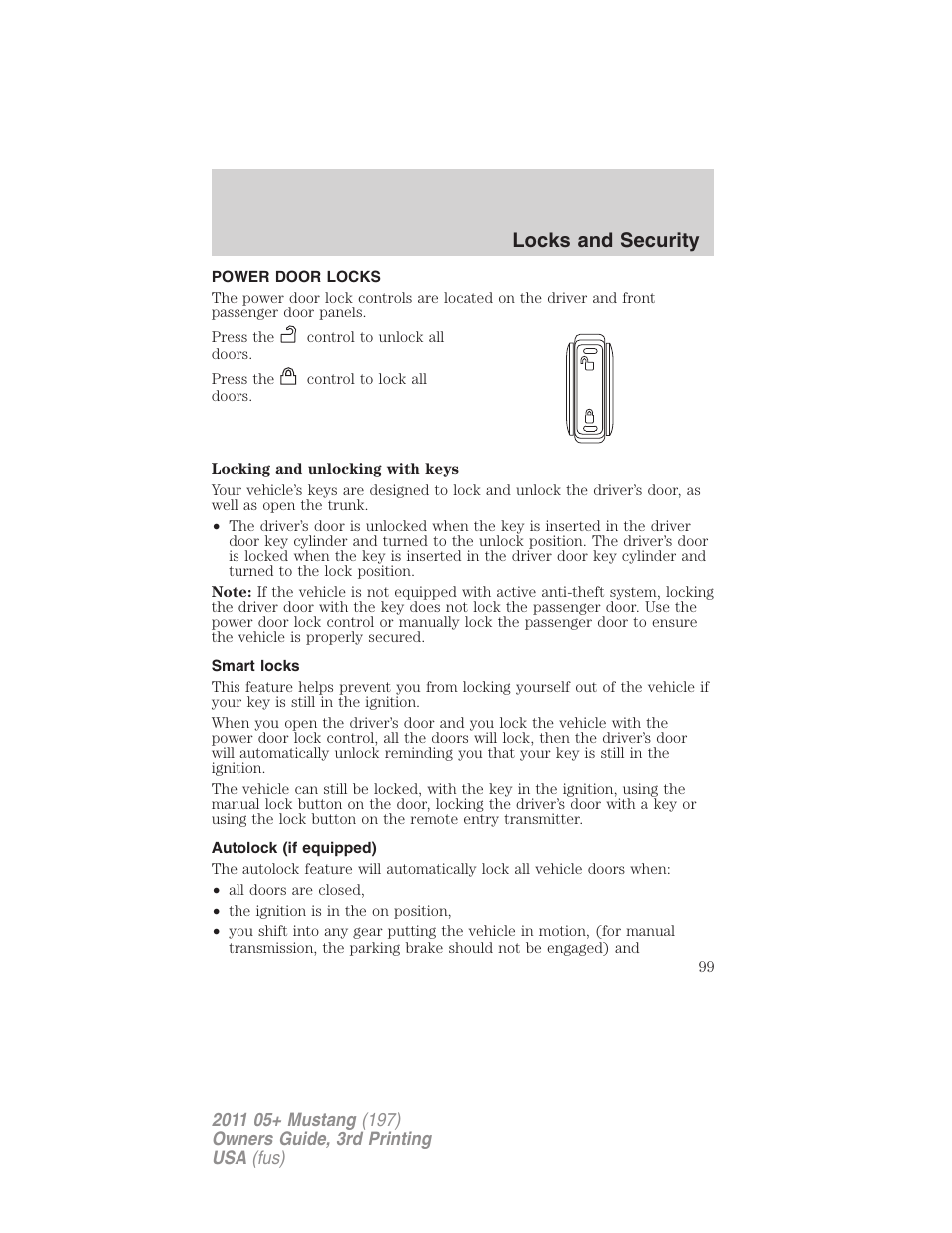 Power door locks, Smart locks, Autolock (if equipped) | Locks, Locks and security | FORD 2011 Mustang v.3 User Manual | Page 99 / 346