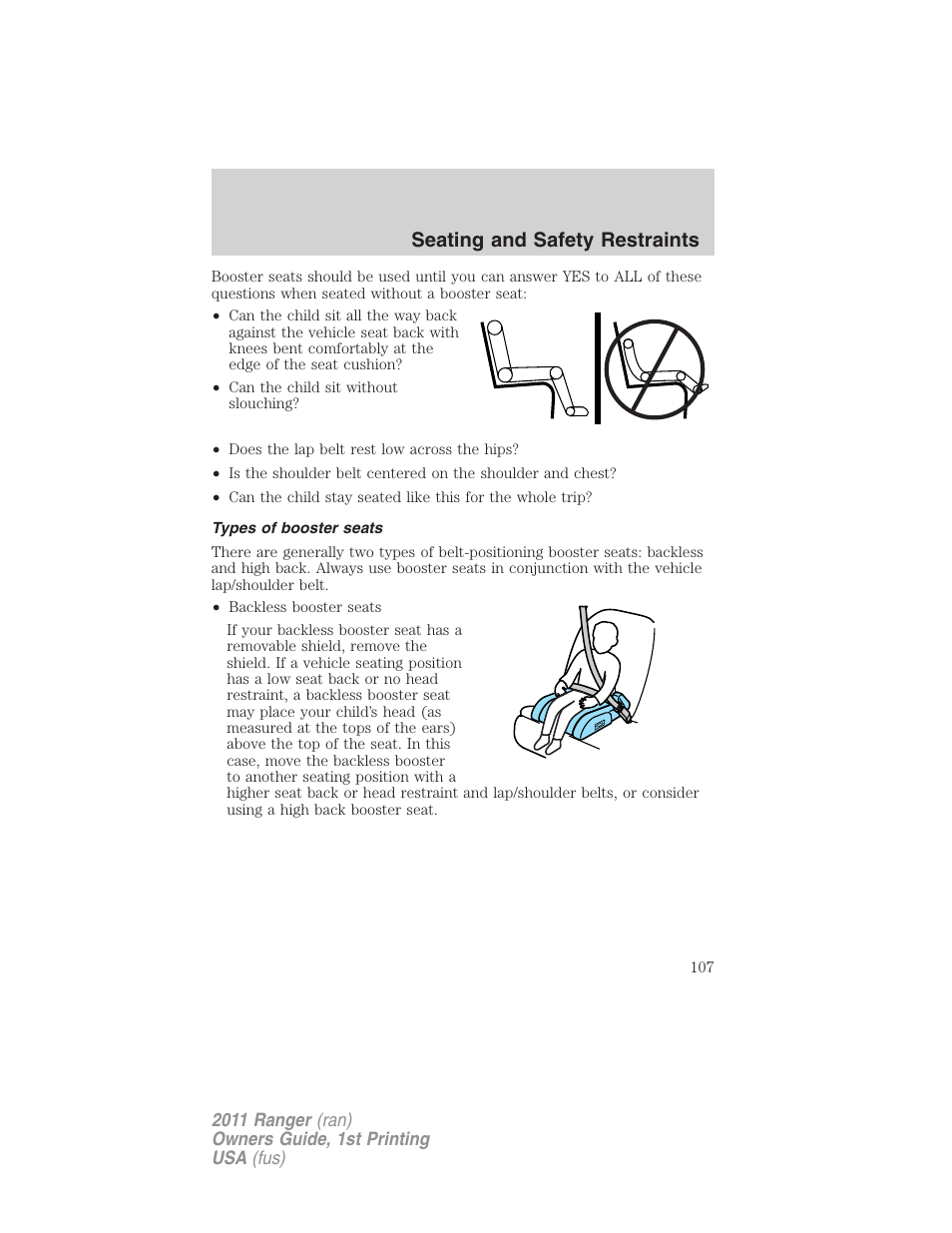 Types of booster seats, Seating and safety restraints | FORD 2011 Ranger v.1 User Manual | Page 107 / 302