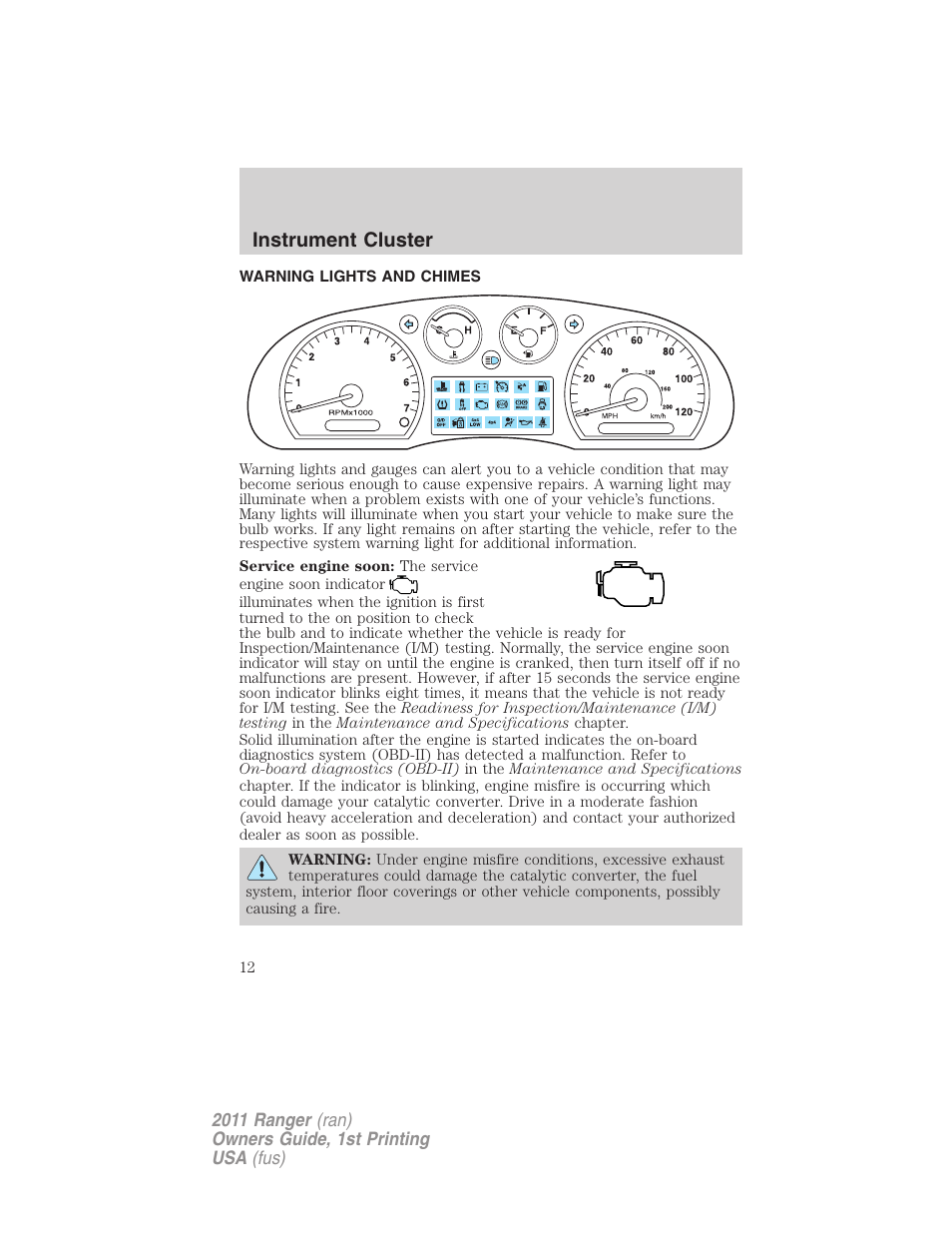 Instrument cluster, Warning lights and chimes | FORD 2011 Ranger v.1 User Manual | Page 12 / 302