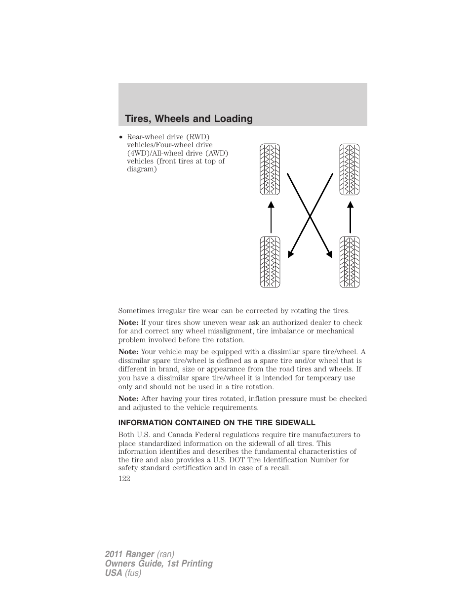 Information contained on the tire sidewall, Tires, wheels and loading | FORD 2011 Ranger v.1 User Manual | Page 122 / 302
