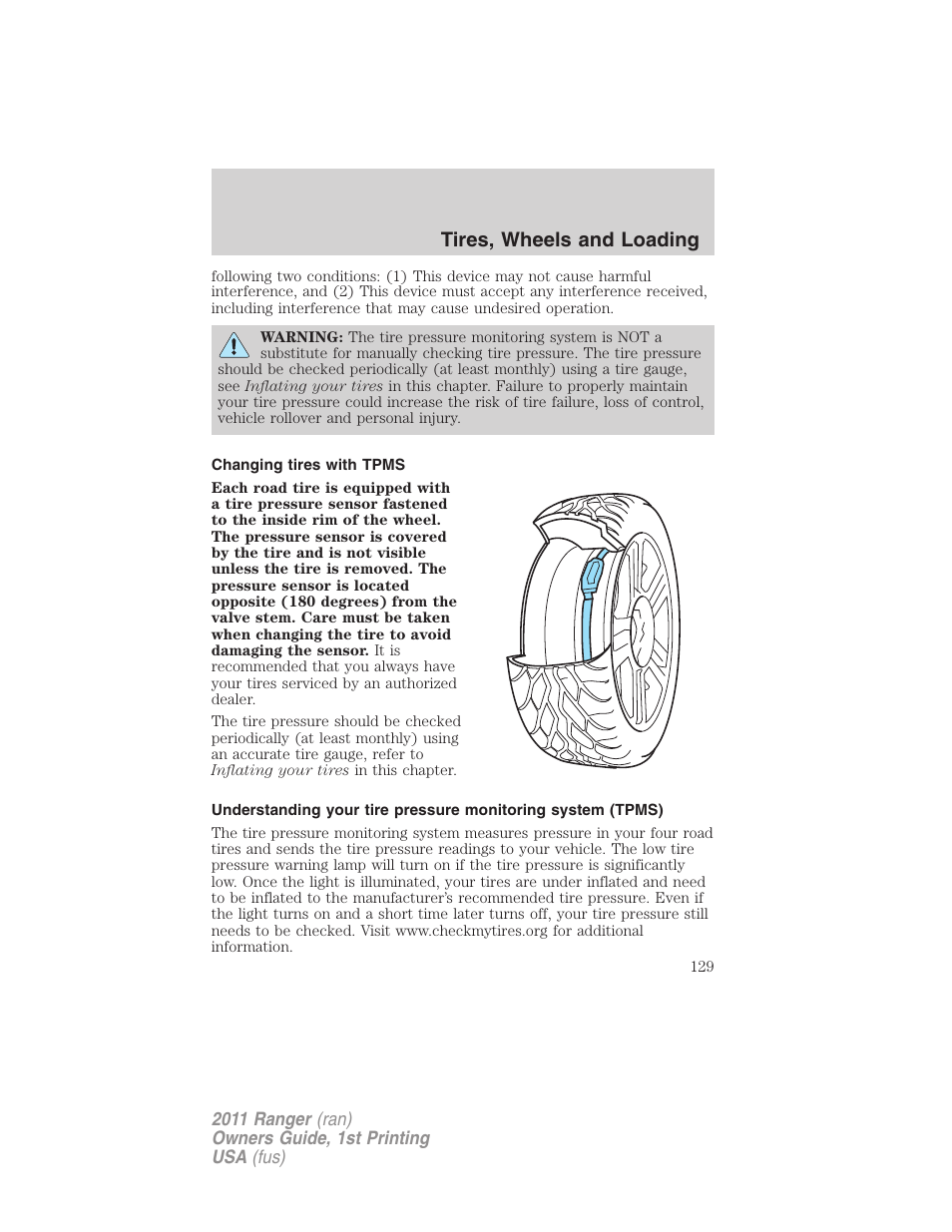 Changing tires with tpms, Tires, wheels and loading | FORD 2011 Ranger v.1 User Manual | Page 129 / 302