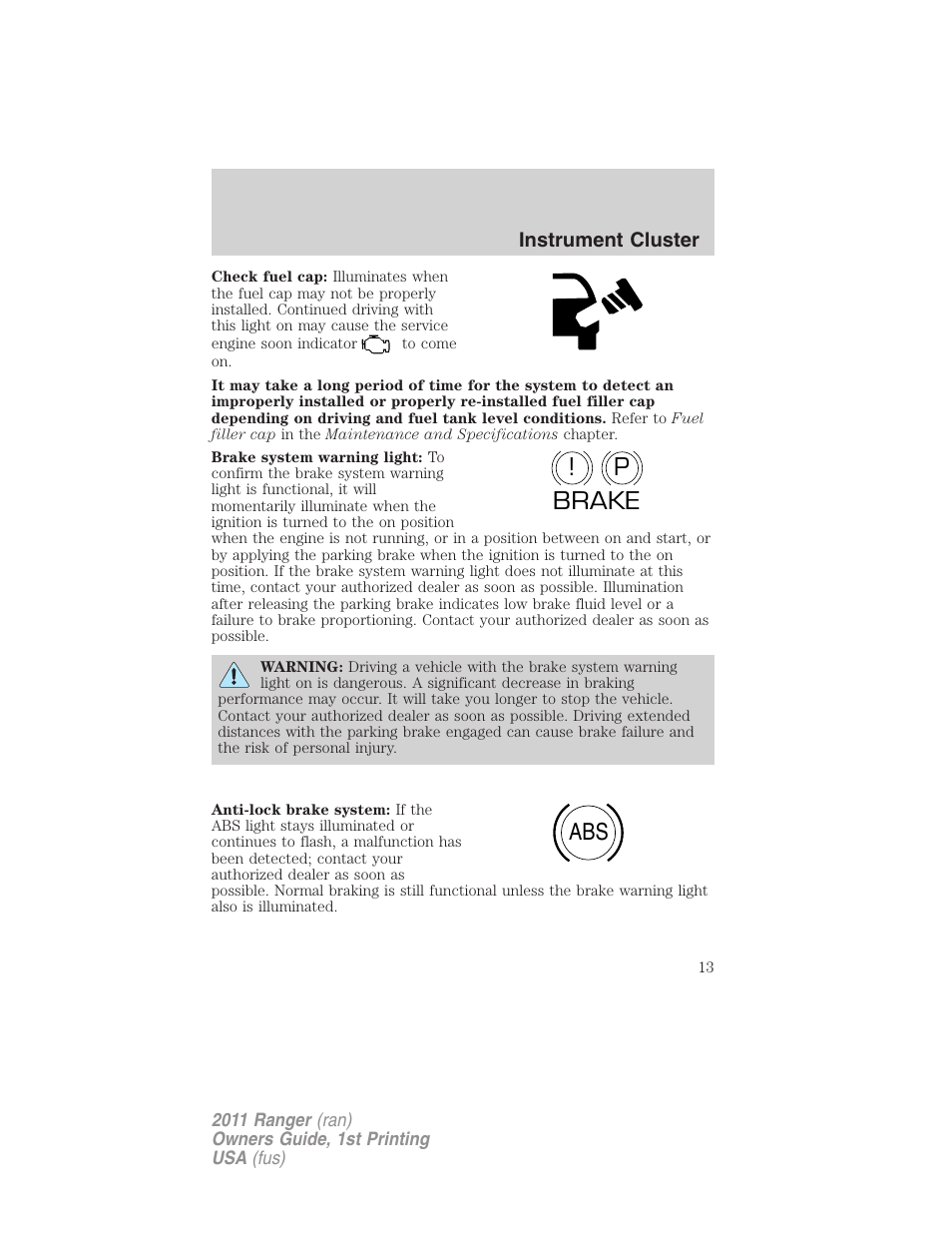P! brake abs | FORD 2011 Ranger v.1 User Manual | Page 13 / 302