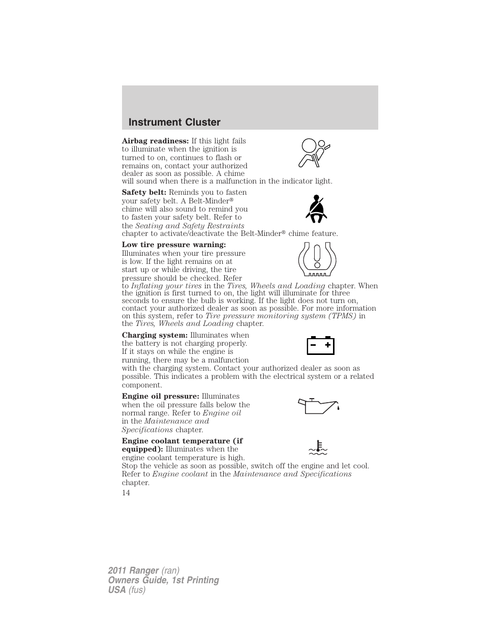 Instrument cluster | FORD 2011 Ranger v.1 User Manual | Page 14 / 302
