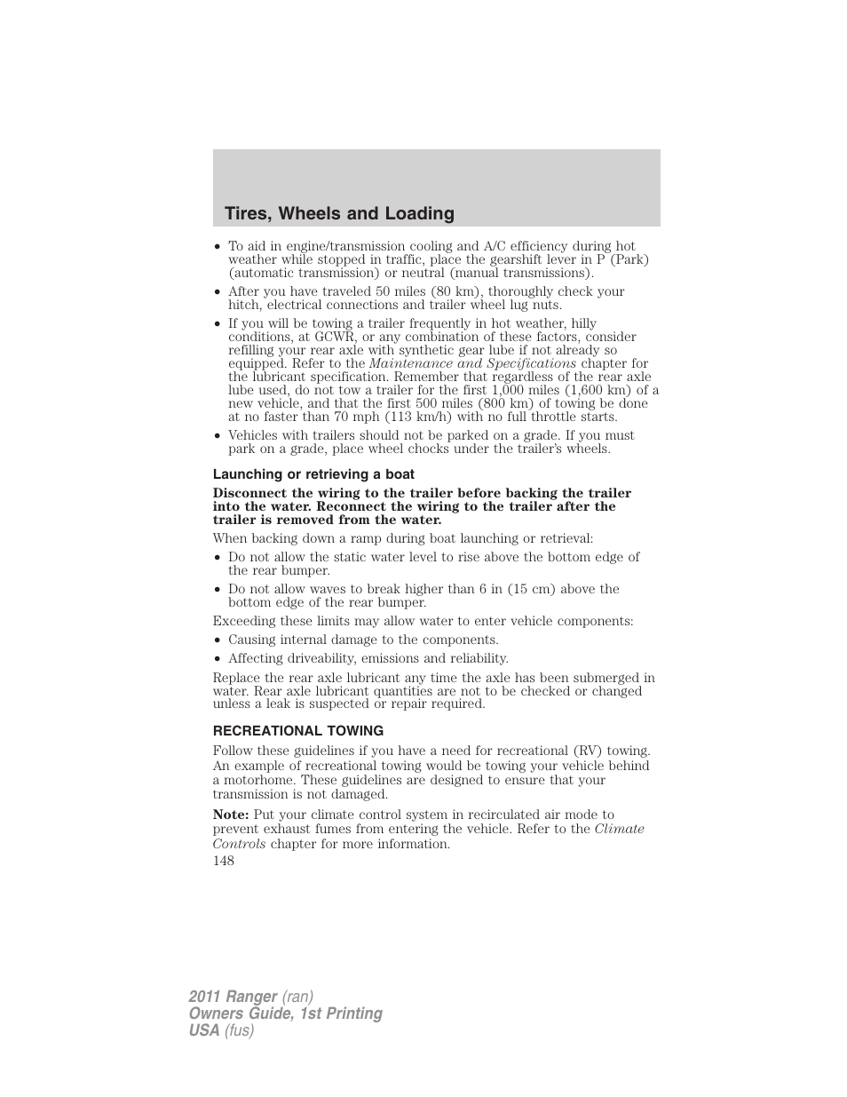 Launching or retrieving a boat, Recreational towing, Tires, wheels and loading | FORD 2011 Ranger v.1 User Manual | Page 148 / 302