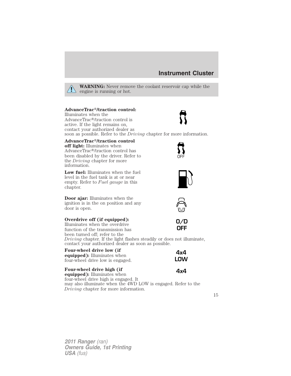 Instrument cluster | FORD 2011 Ranger v.1 User Manual | Page 15 / 302