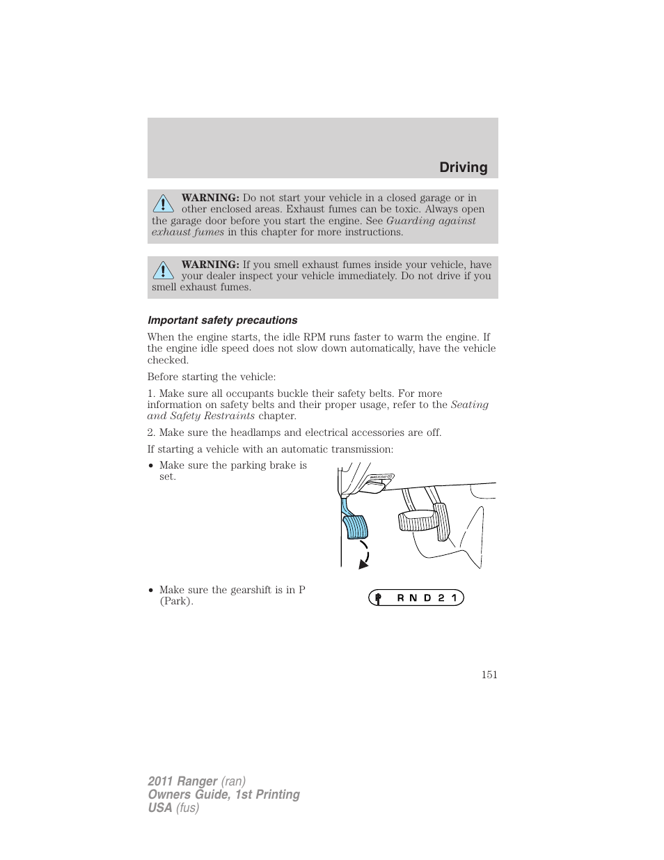 Important safety precautions, Driving | FORD 2011 Ranger v.1 User Manual | Page 151 / 302