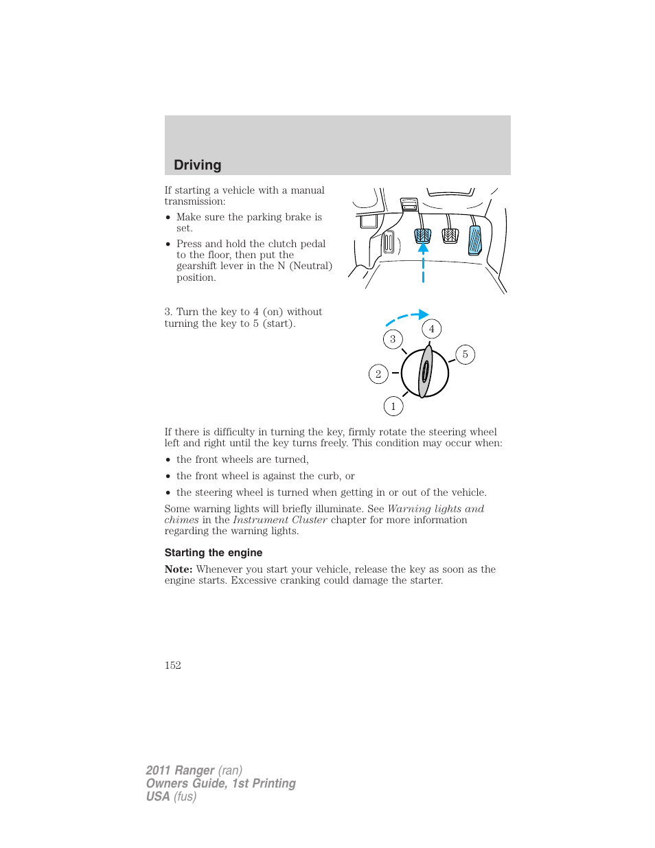 Starting the engine, Driving | FORD 2011 Ranger v.1 User Manual | Page 152 / 302