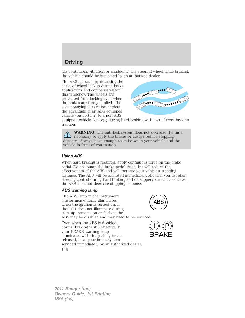 Using abs, Abs warning lamp, Abs p ! brake | FORD 2011 Ranger v.1 User Manual | Page 156 / 302