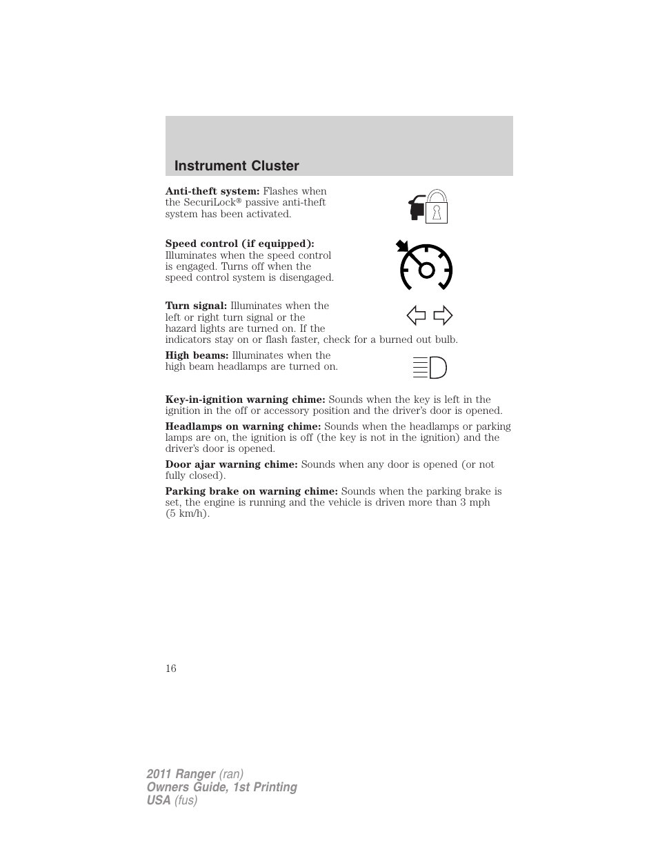 Instrument cluster | FORD 2011 Ranger v.1 User Manual | Page 16 / 302