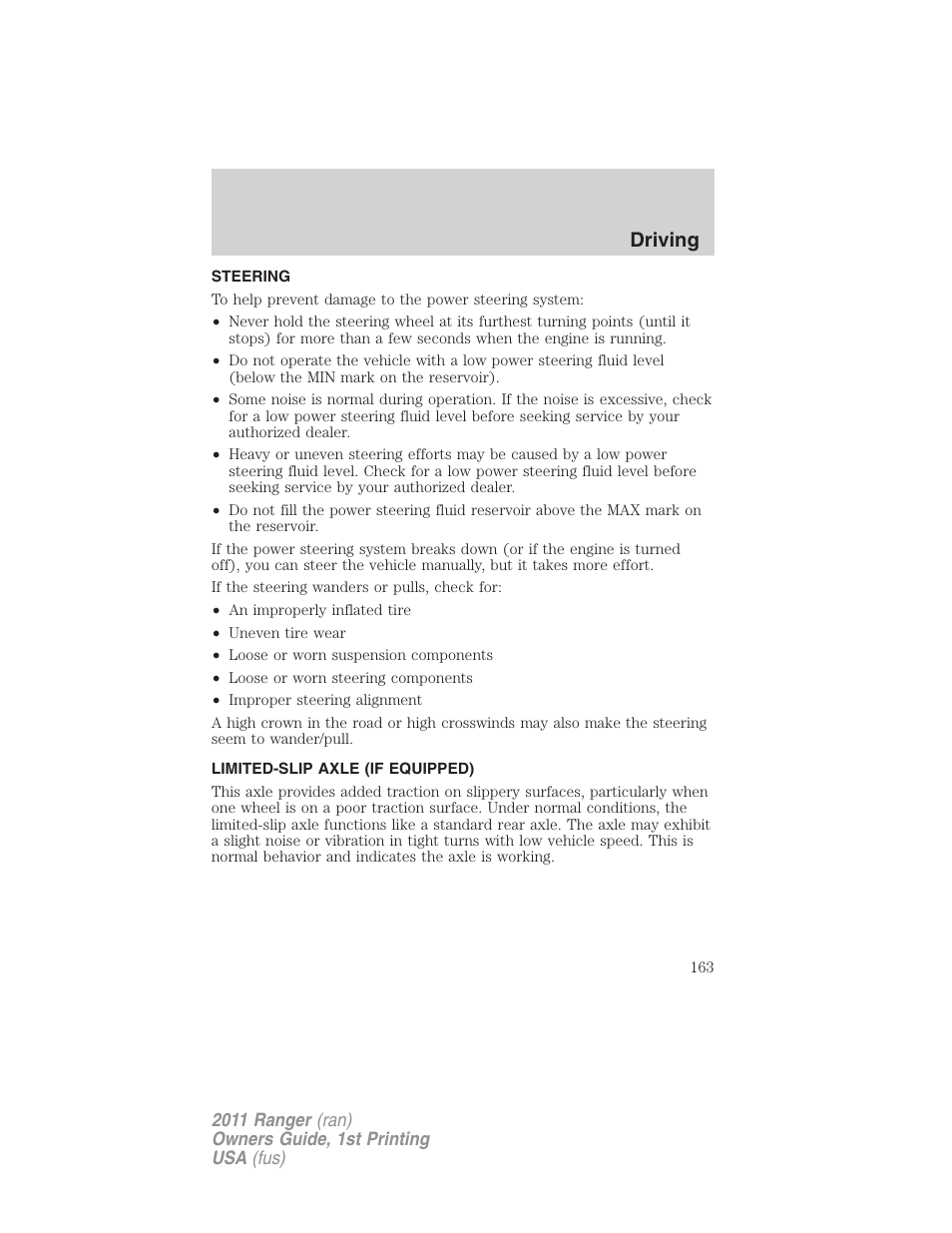 Steering, Limited-slip axle (if equipped), Driving | FORD 2011 Ranger v.1 User Manual | Page 163 / 302