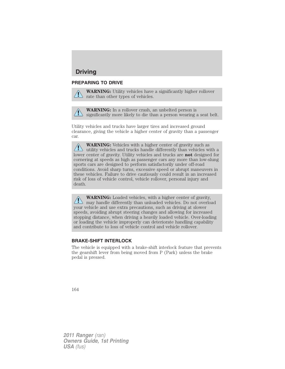 Preparing to drive, Brake-shift interlock, Driving | FORD 2011 Ranger v.1 User Manual | Page 164 / 302