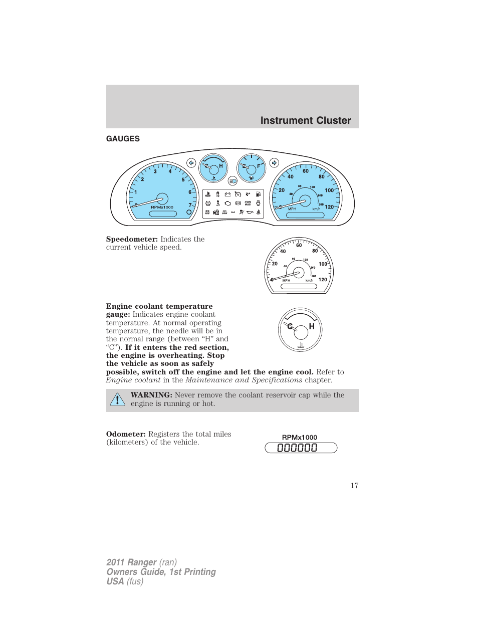 Gauges, Instrument cluster | FORD 2011 Ranger v.1 User Manual | Page 17 / 302