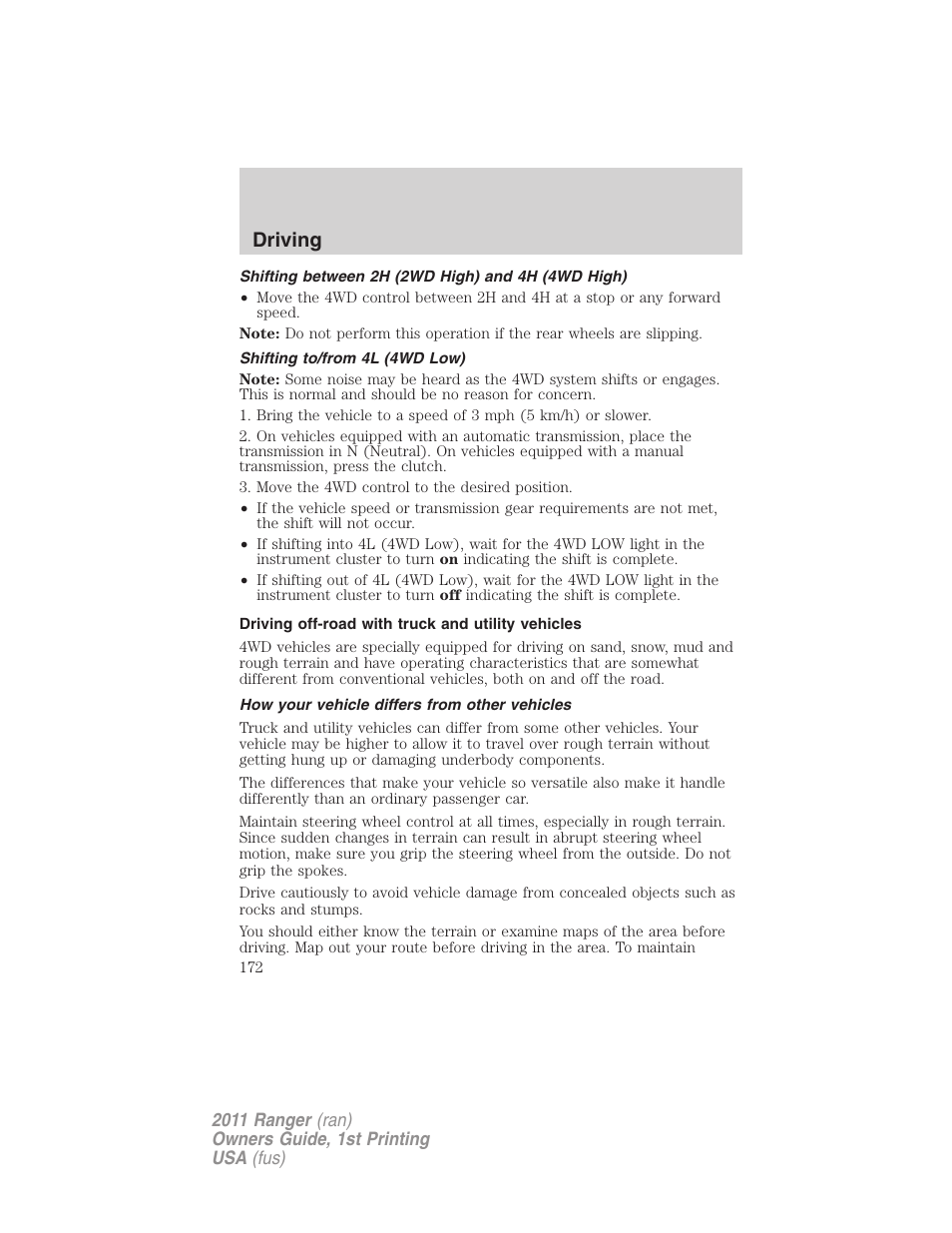 Shifting between 2h (2wd high) and 4h (4wd high), Shifting to/from 4l (4wd low), Driving off-road with truck and utility vehicles | How your vehicle differs from other vehicles, Driving | FORD 2011 Ranger v.1 User Manual | Page 172 / 302