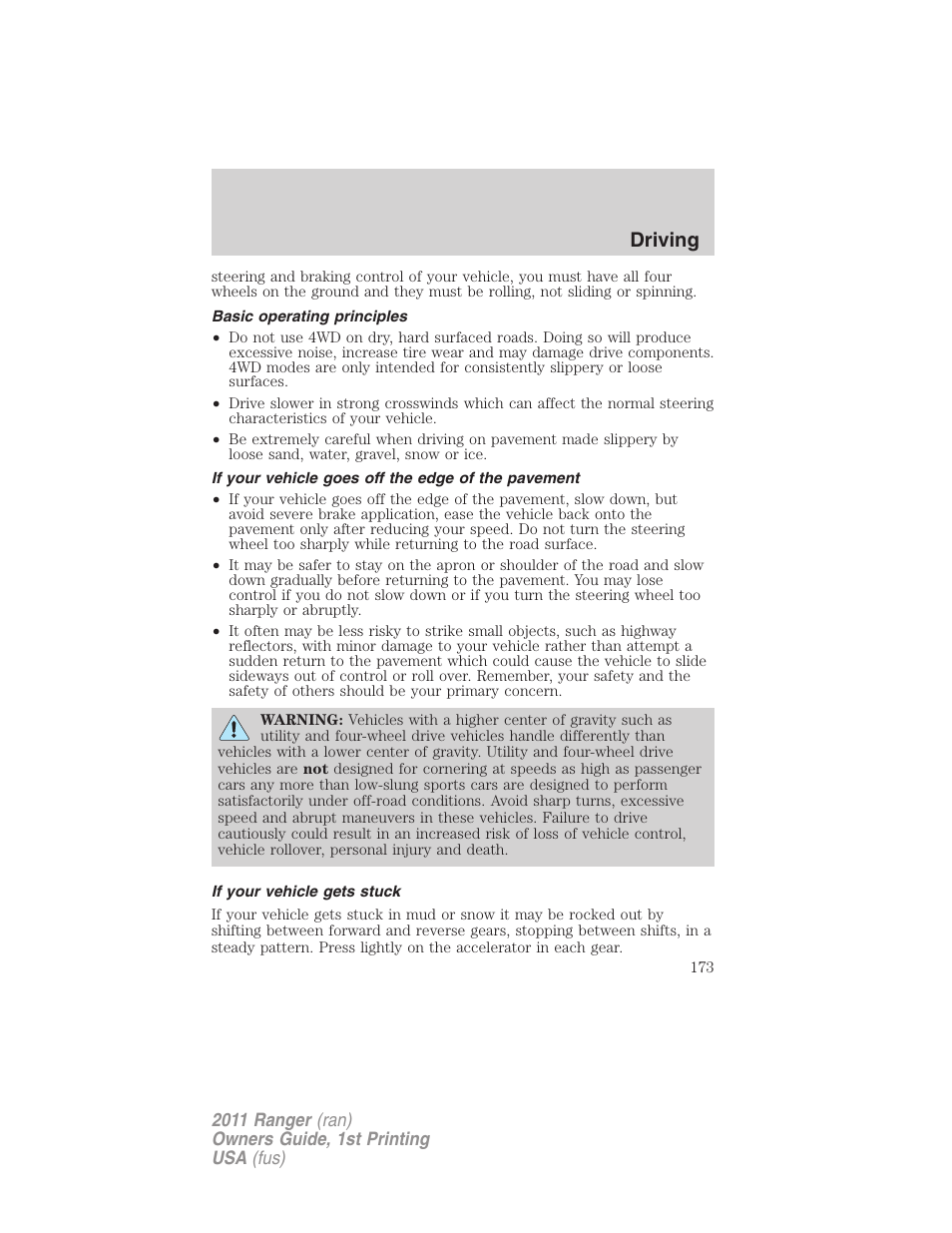 Basic operating principles, If your vehicle goes off the edge of the pavement, If your vehicle gets stuck | Driving | FORD 2011 Ranger v.1 User Manual | Page 173 / 302