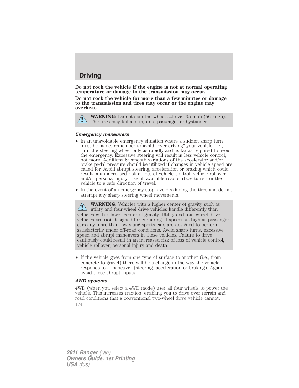 Emergency maneuvers, 4wd systems, Driving | FORD 2011 Ranger v.1 User Manual | Page 174 / 302