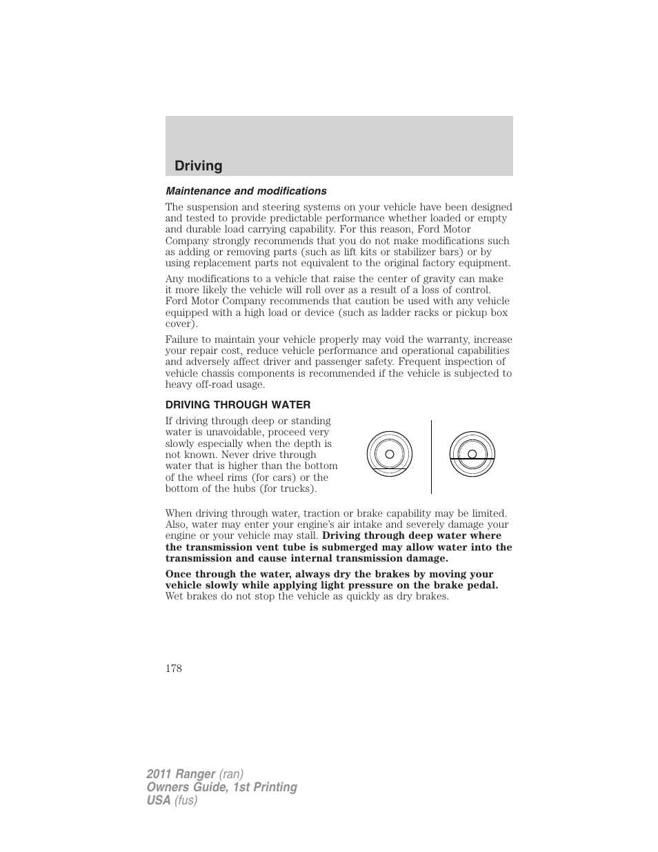 Maintenance and modifications, Driving through water, Driving | FORD 2011 Ranger v.1 User Manual | Page 178 / 302