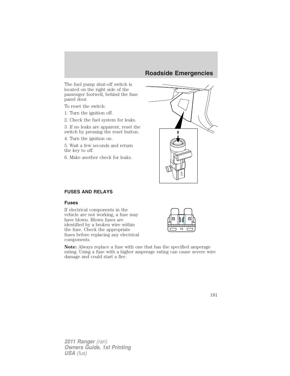 Fuses and relays, Fuses, Roadside emergencies | FORD 2011 Ranger v.1 User Manual | Page 181 / 302