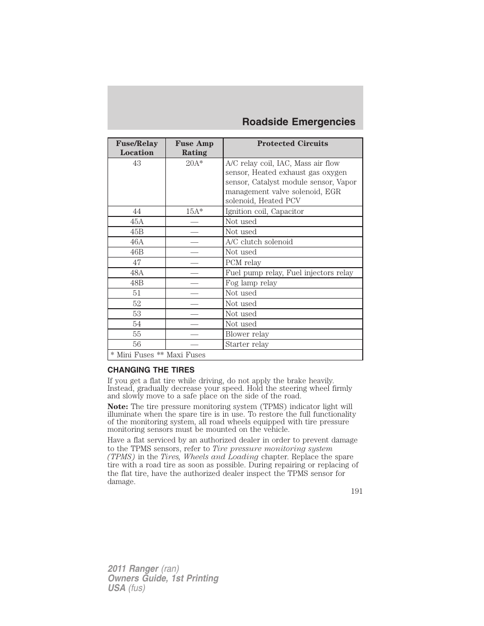 Changing the tires, Changing tires, Roadside emergencies | FORD 2011 Ranger v.1 User Manual | Page 191 / 302