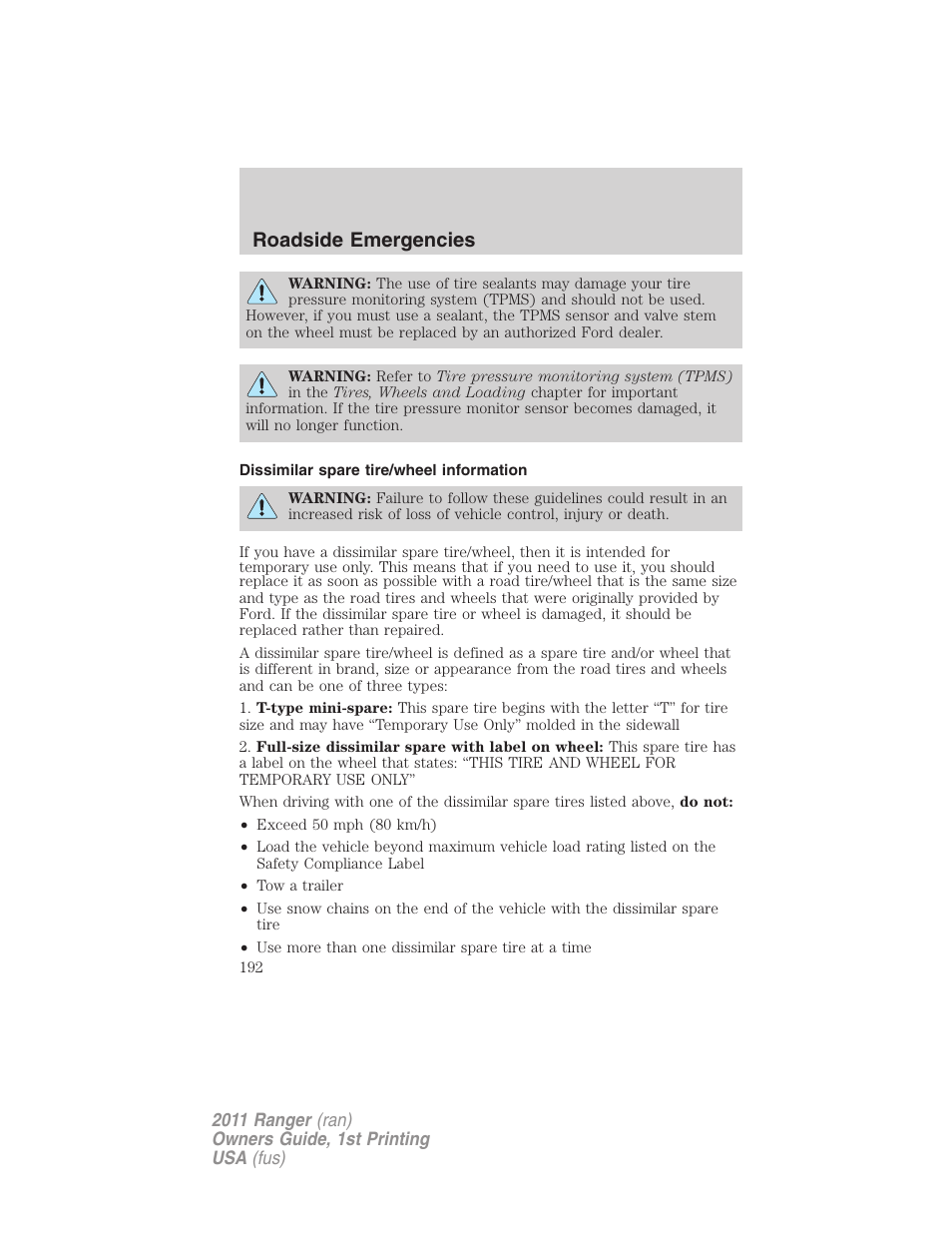 Dissimilar spare tire/wheel information, Roadside emergencies | FORD 2011 Ranger v.1 User Manual | Page 192 / 302