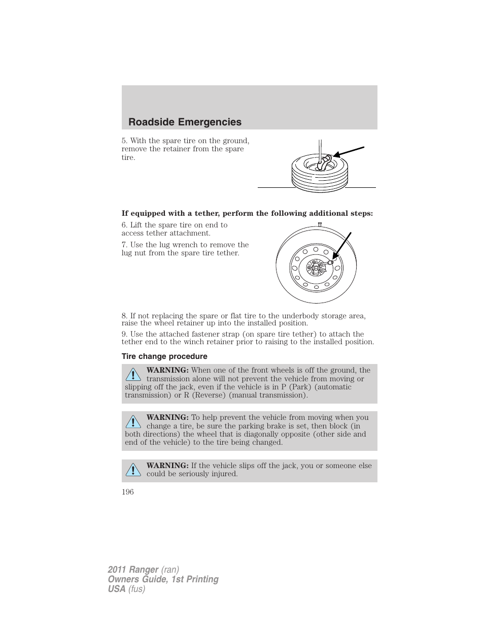 Tire change procedure, Roadside emergencies | FORD 2011 Ranger v.1 User Manual | Page 196 / 302