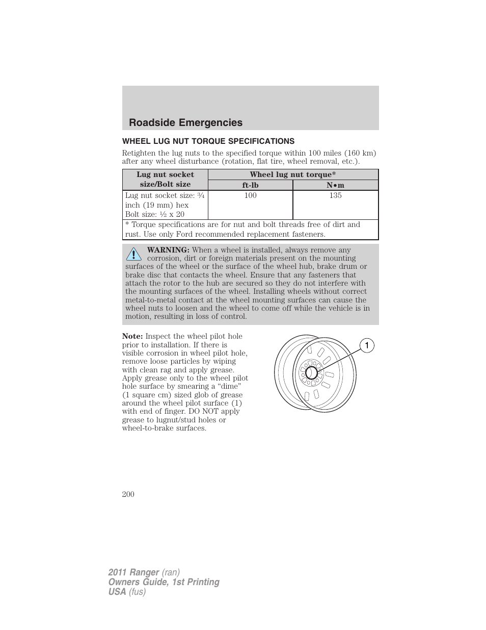 Wheel lug nut torque specifications, Wheel lug nut torque, Roadside emergencies | FORD 2011 Ranger v.1 User Manual | Page 200 / 302