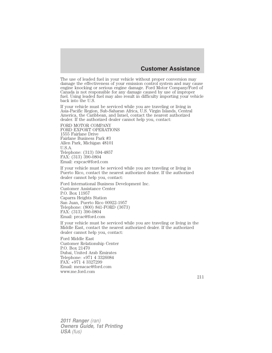 Customer assistance | FORD 2011 Ranger v.1 User Manual | Page 211 / 302