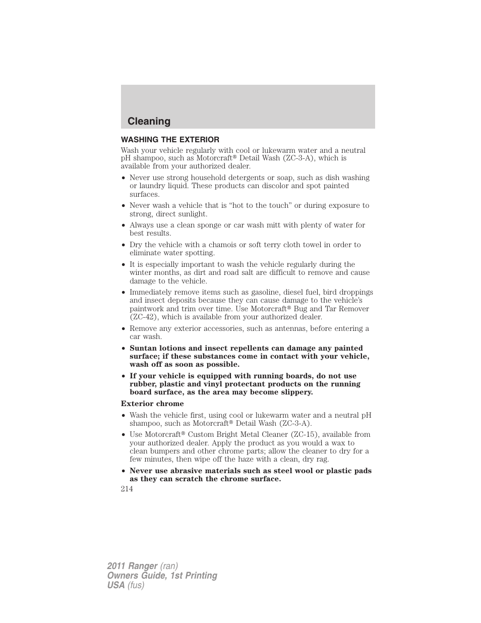 Cleaning, Washing the exterior | FORD 2011 Ranger v.1 User Manual | Page 214 / 302