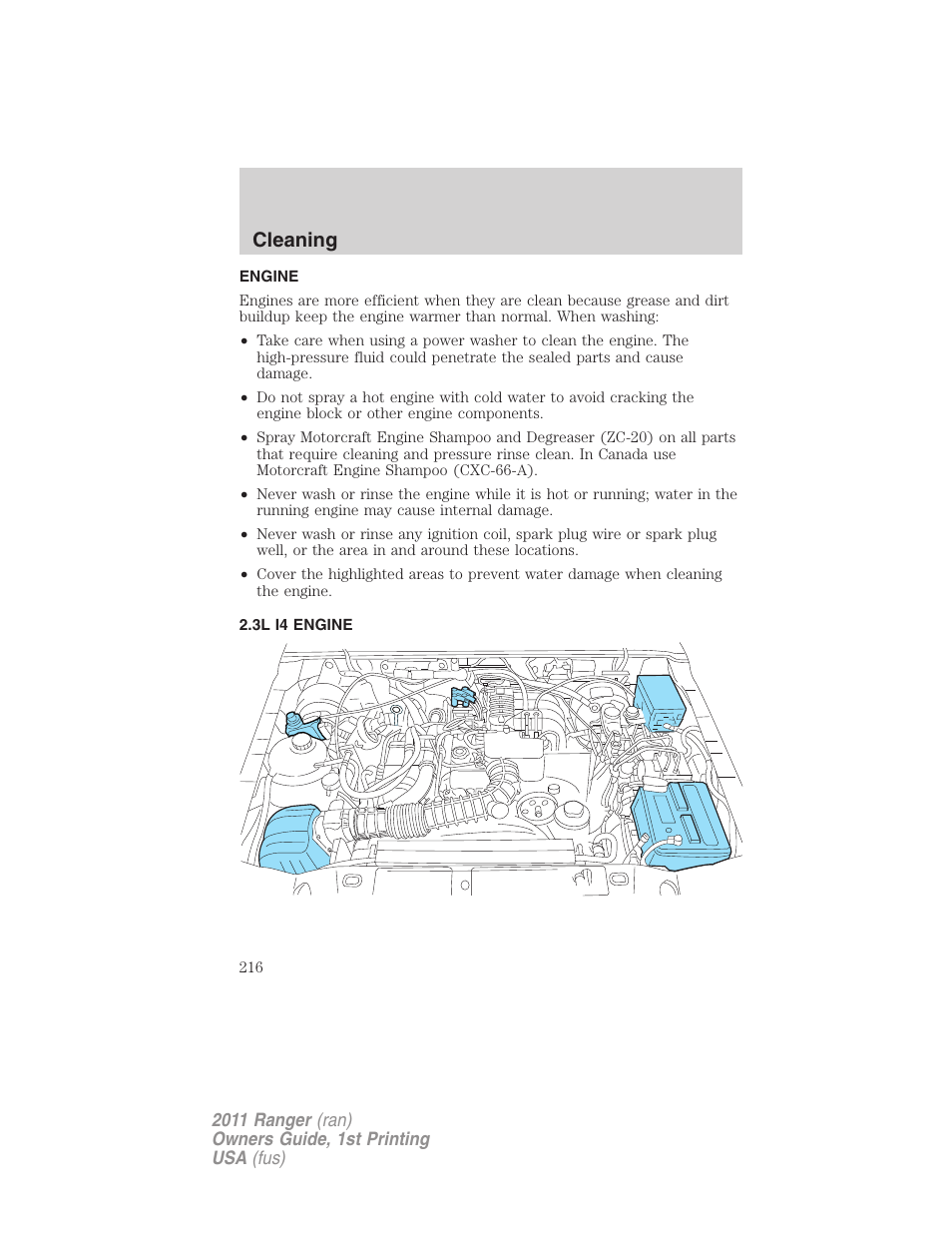 Engine, 3l i4 engine, Cleaning | FORD 2011 Ranger v.1 User Manual | Page 216 / 302