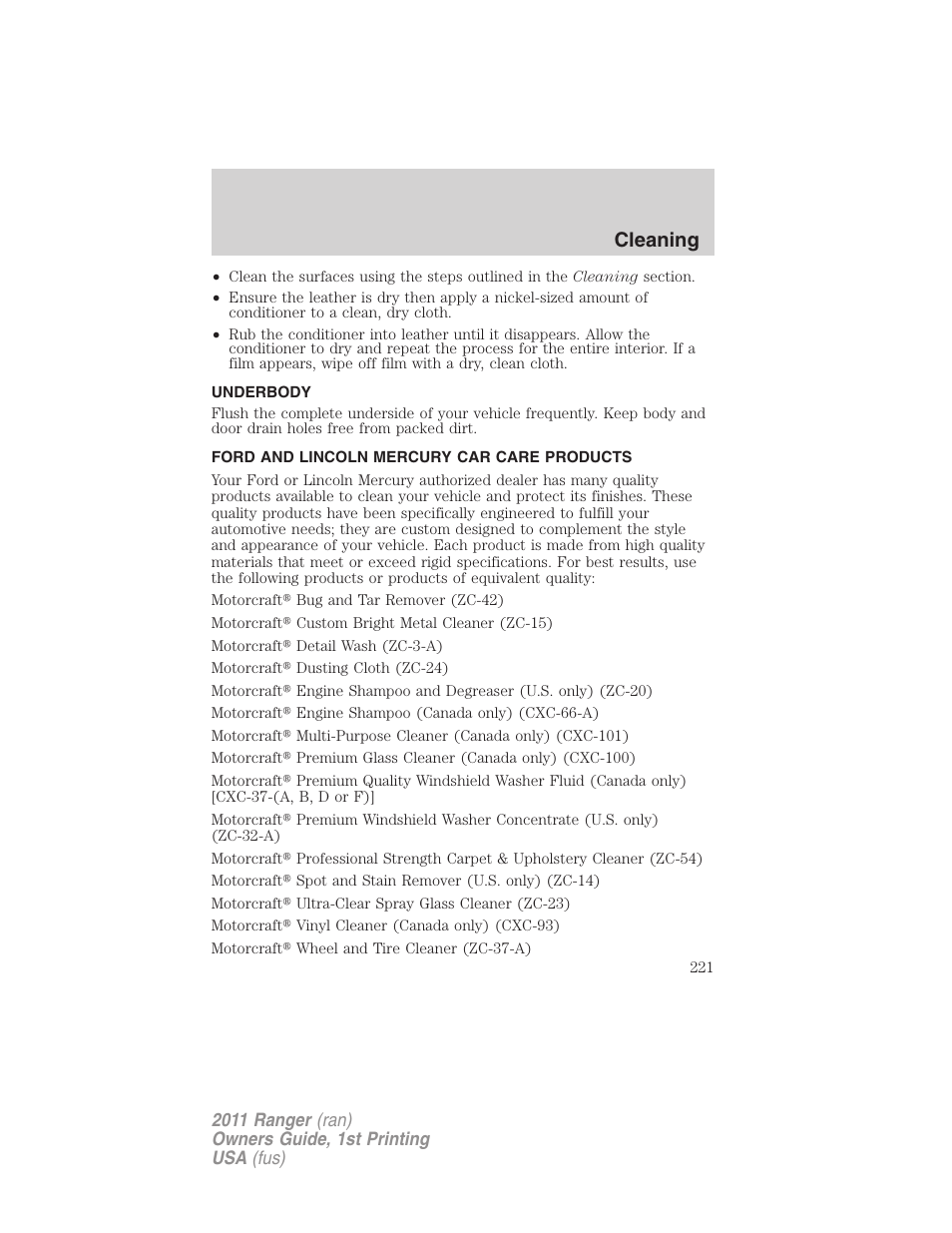 Underbody, Ford and lincoln mercury car care products, Cleaning | FORD 2011 Ranger v.1 User Manual | Page 221 / 302