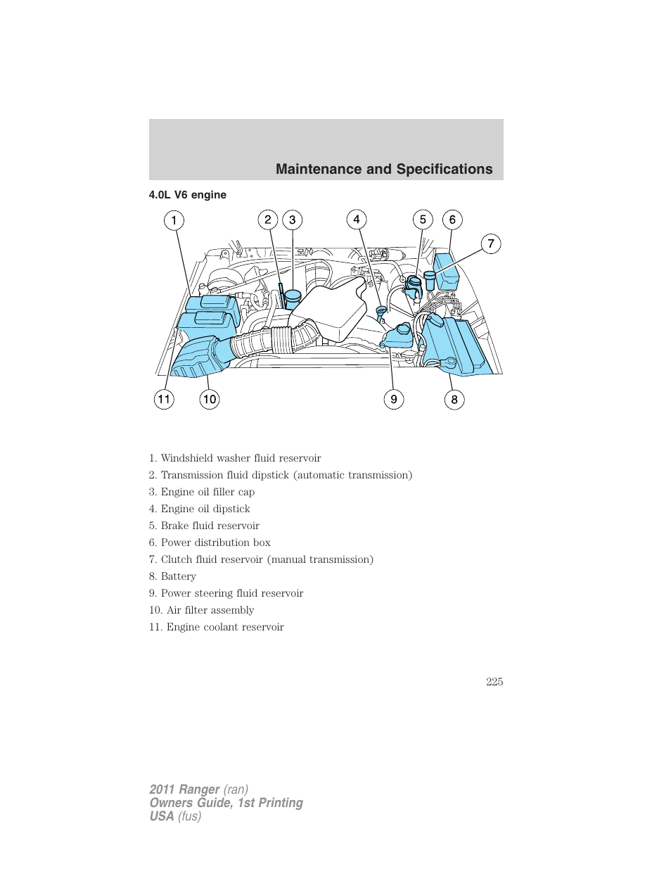 0l v6 engine, Maintenance and specifications | FORD 2011 Ranger v.1 User Manual | Page 225 / 302