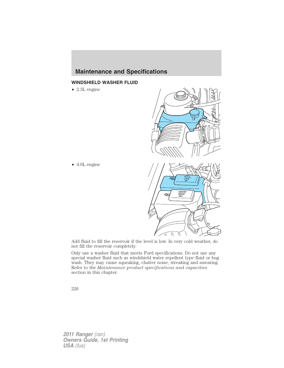 Windshield washer fluid, Maintenance and specifications | FORD 2011 Ranger v.1 User Manual | Page 226 / 302