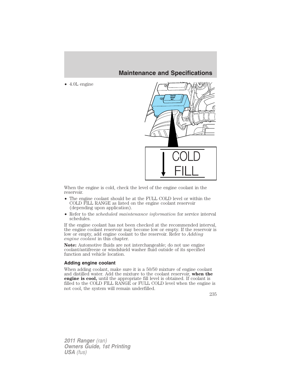 Adding engine coolant, Maintenance and specifications | FORD 2011 Ranger v.1 User Manual | Page 235 / 302