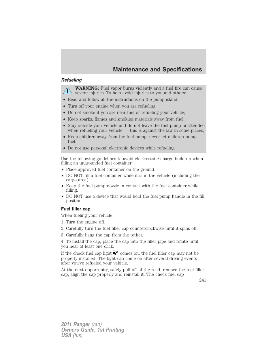 Refueling, Fuel filler cap, Maintenance and specifications | FORD 2011 Ranger v.1 User Manual | Page 241 / 302