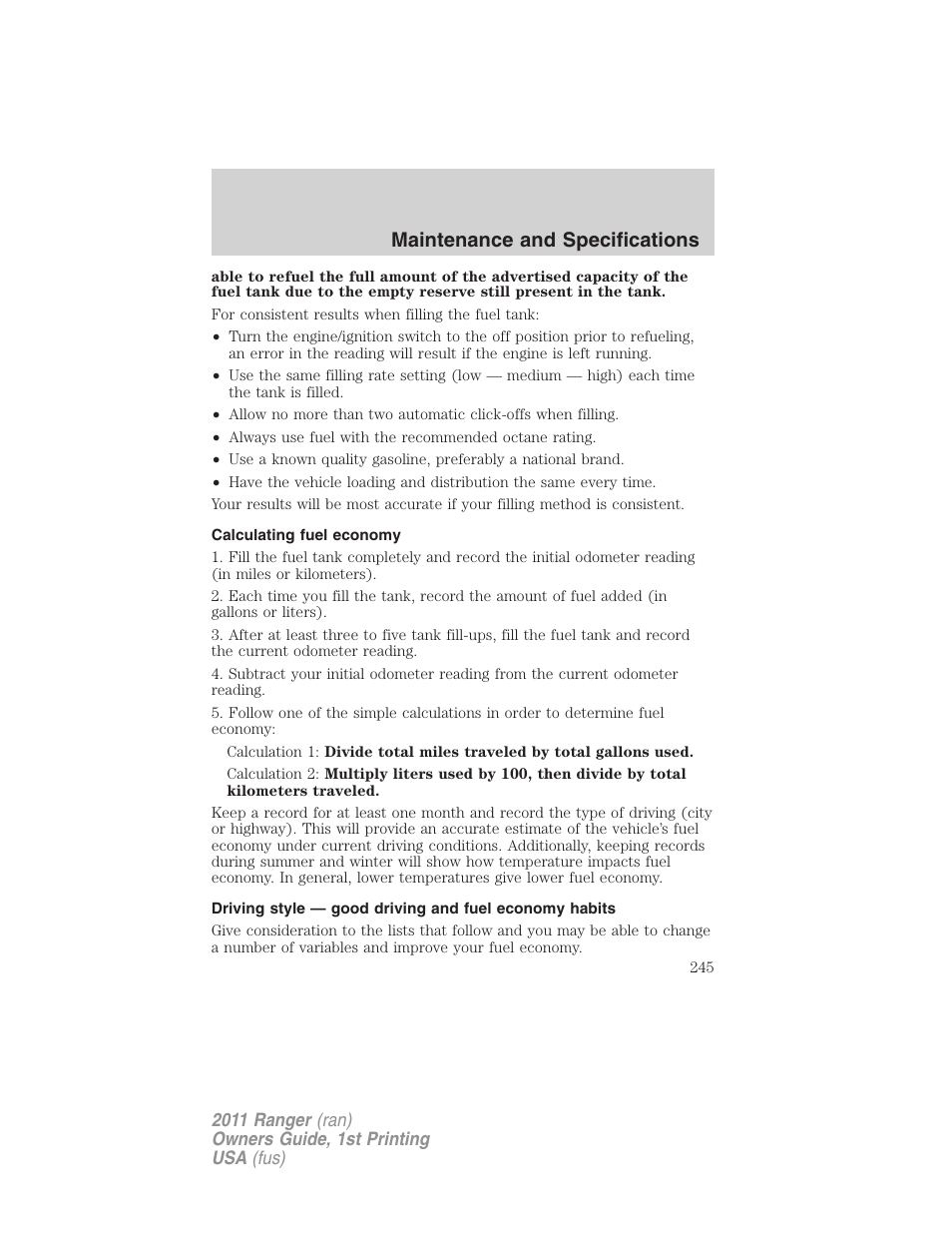 Calculating fuel economy, Maintenance and specifications | FORD 2011 Ranger v.1 User Manual | Page 245 / 302