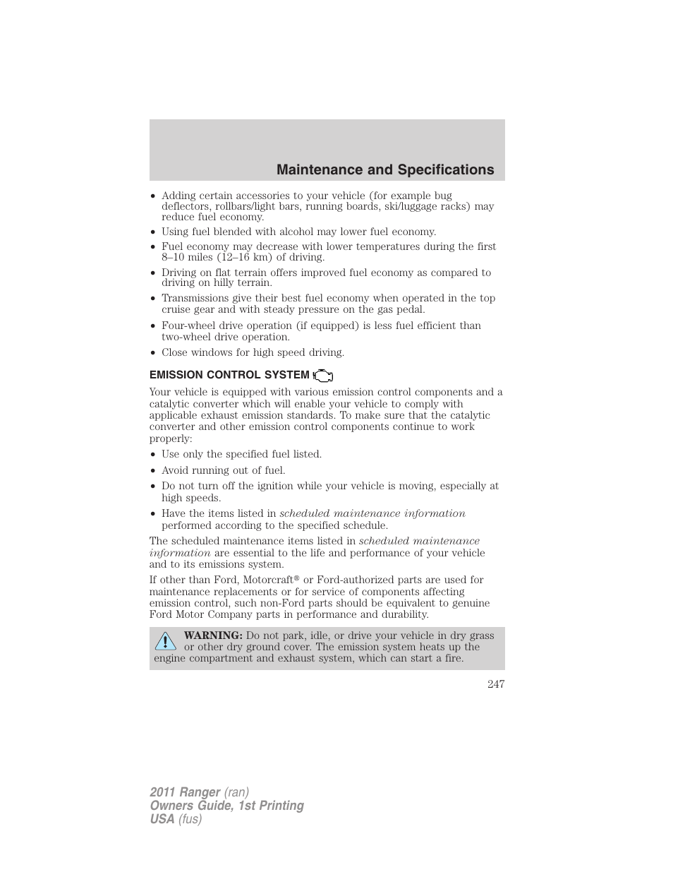 Emission control system, Maintenance and specifications | FORD 2011 Ranger v.1 User Manual | Page 247 / 302
