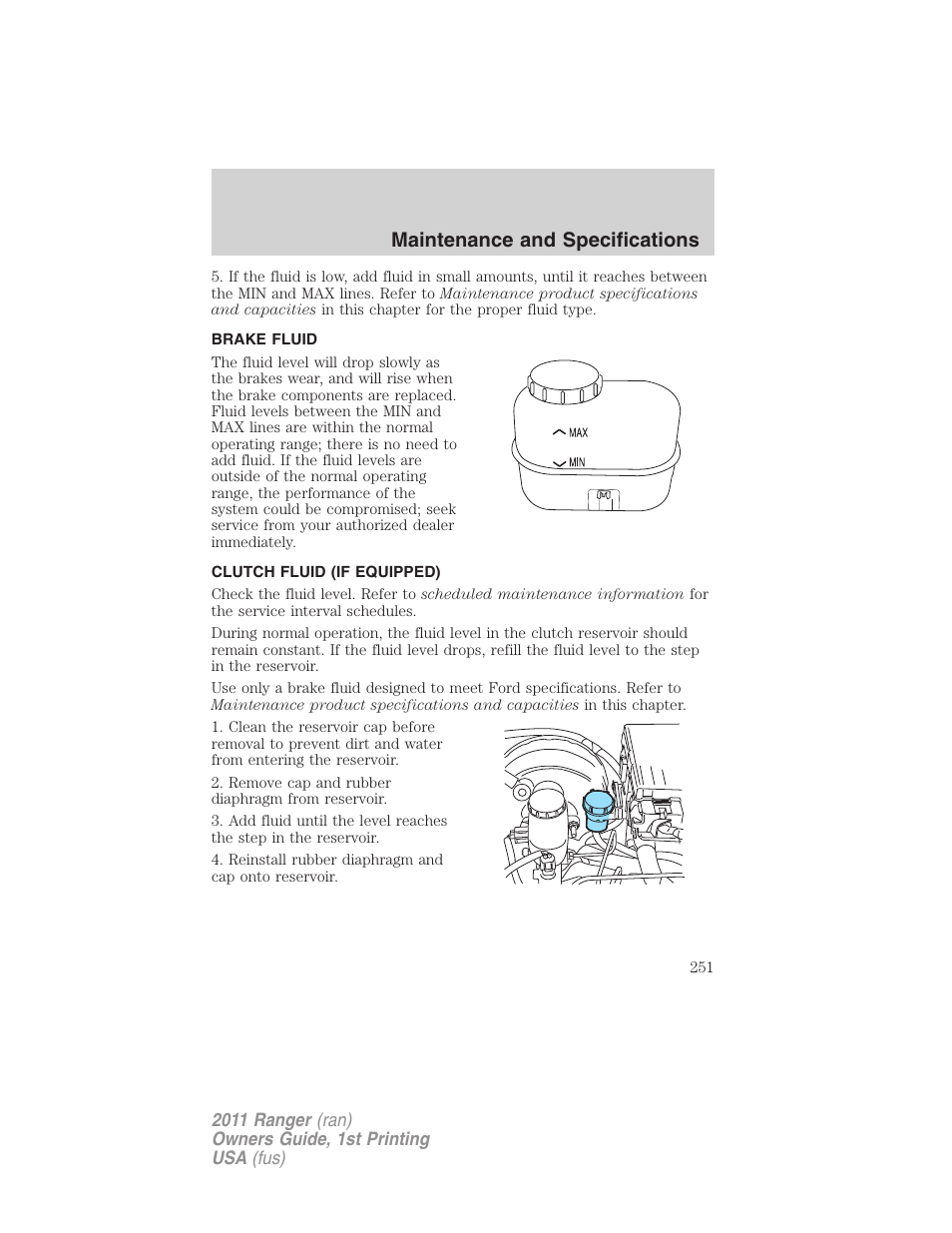 Brake fluid, Clutch fluid (if equipped), Maintenance and specifications | FORD 2011 Ranger v.1 User Manual | Page 251 / 302