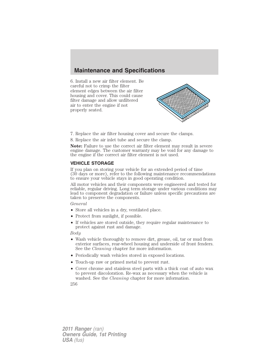 Vehicle storage, Maintenance and specifications | FORD 2011 Ranger v.1 User Manual | Page 256 / 302