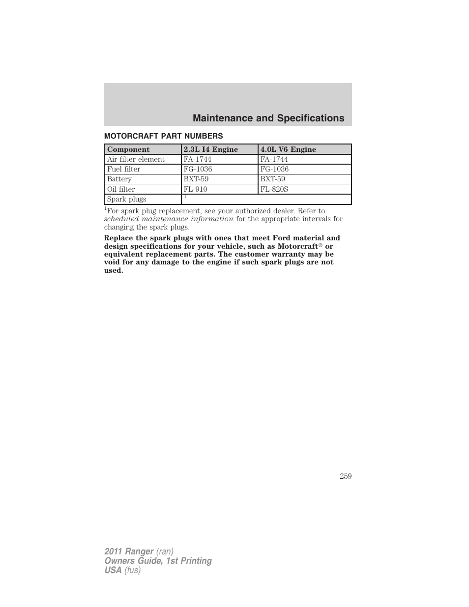 Motorcraft part numbers, Part numbers, Maintenance and specifications | FORD 2011 Ranger v.1 User Manual | Page 259 / 302