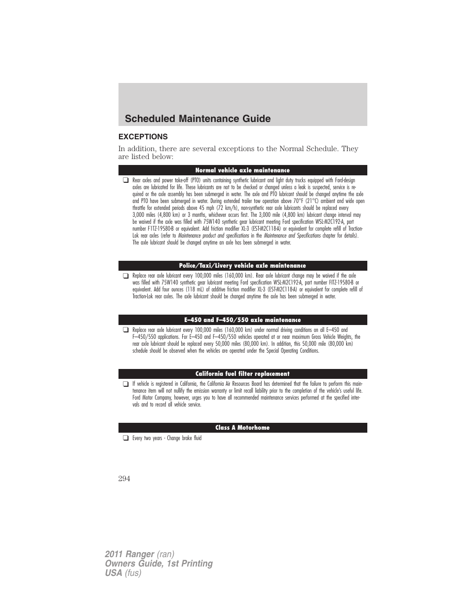 Exceptions, Scheduled maintenance guide | FORD 2011 Ranger v.1 User Manual | Page 294 / 302