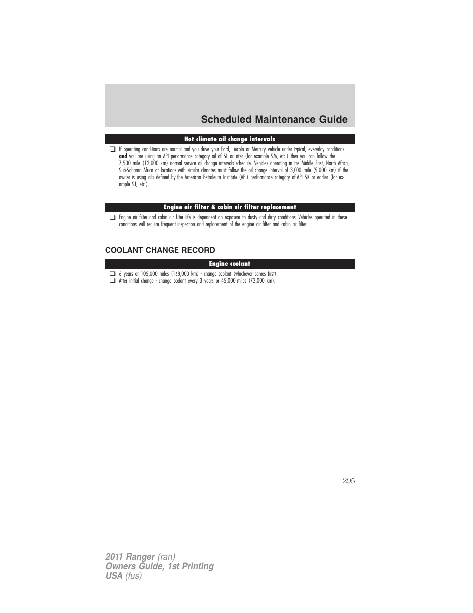 Coolant change record, Scheduled maintenance guide | FORD 2011 Ranger v.1 User Manual | Page 295 / 302