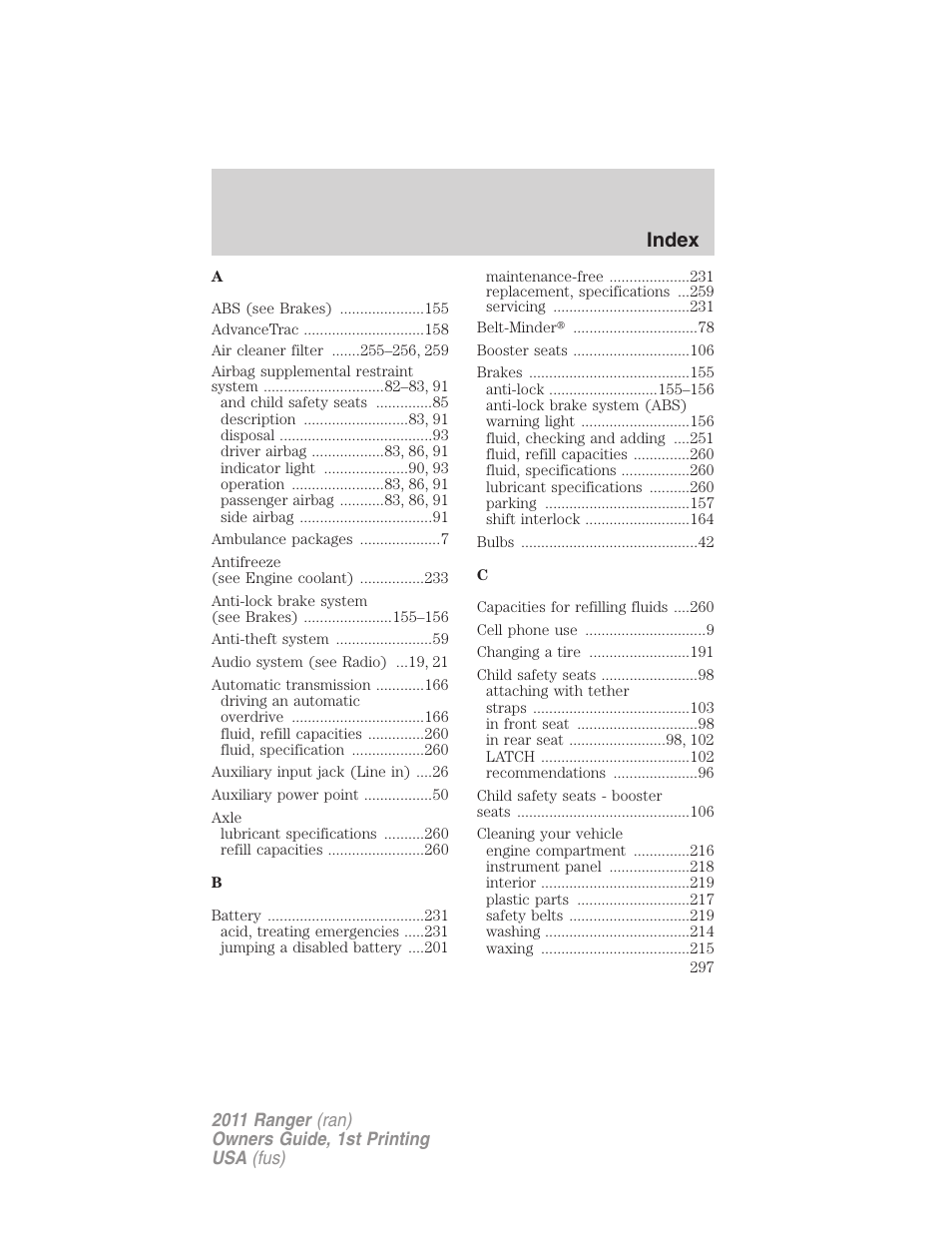 Index | FORD 2011 Ranger v.1 User Manual | Page 297 / 302