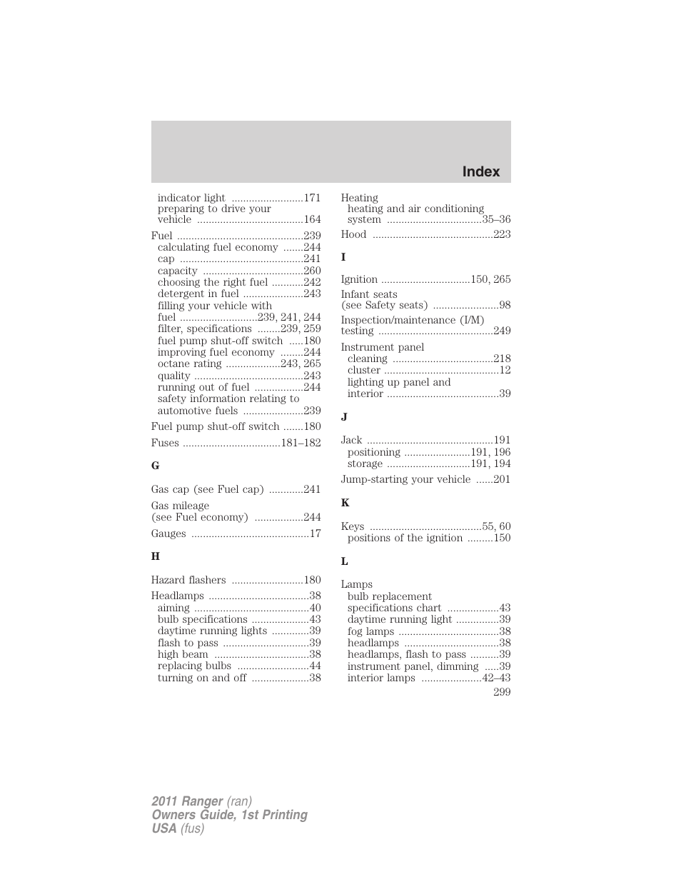 Index | FORD 2011 Ranger v.1 User Manual | Page 299 / 302