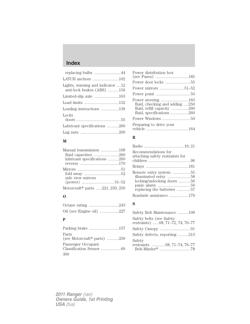 Index | FORD 2011 Ranger v.1 User Manual | Page 300 / 302