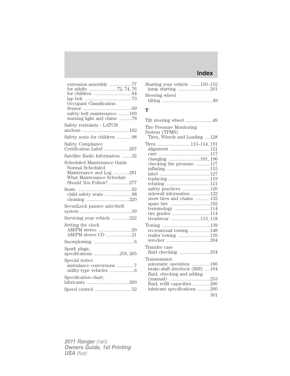 Index | FORD 2011 Ranger v.1 User Manual | Page 301 / 302